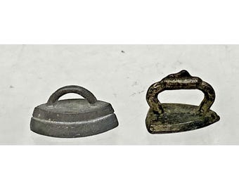 2 Vintage Miniature Dollhouse Toy Silver Metal Clothes Sad Irons 3/4" Long