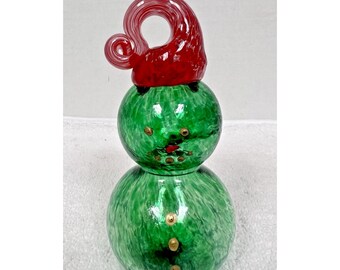 Heavy Hand Blown Art Glass Green Crystal Snowman Red Hat Figurine 5 3/4" Tall
