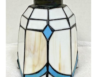 Vintage Tiffany Style Blue White Slag Glass Black Lines Paneled Lamp Shade