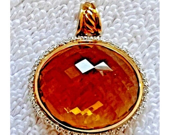 David Yurman 18Kt Gold Citrine w 2 Rows Diamonds Oval Pendant 1 1/8 x 1 1/4 Rope