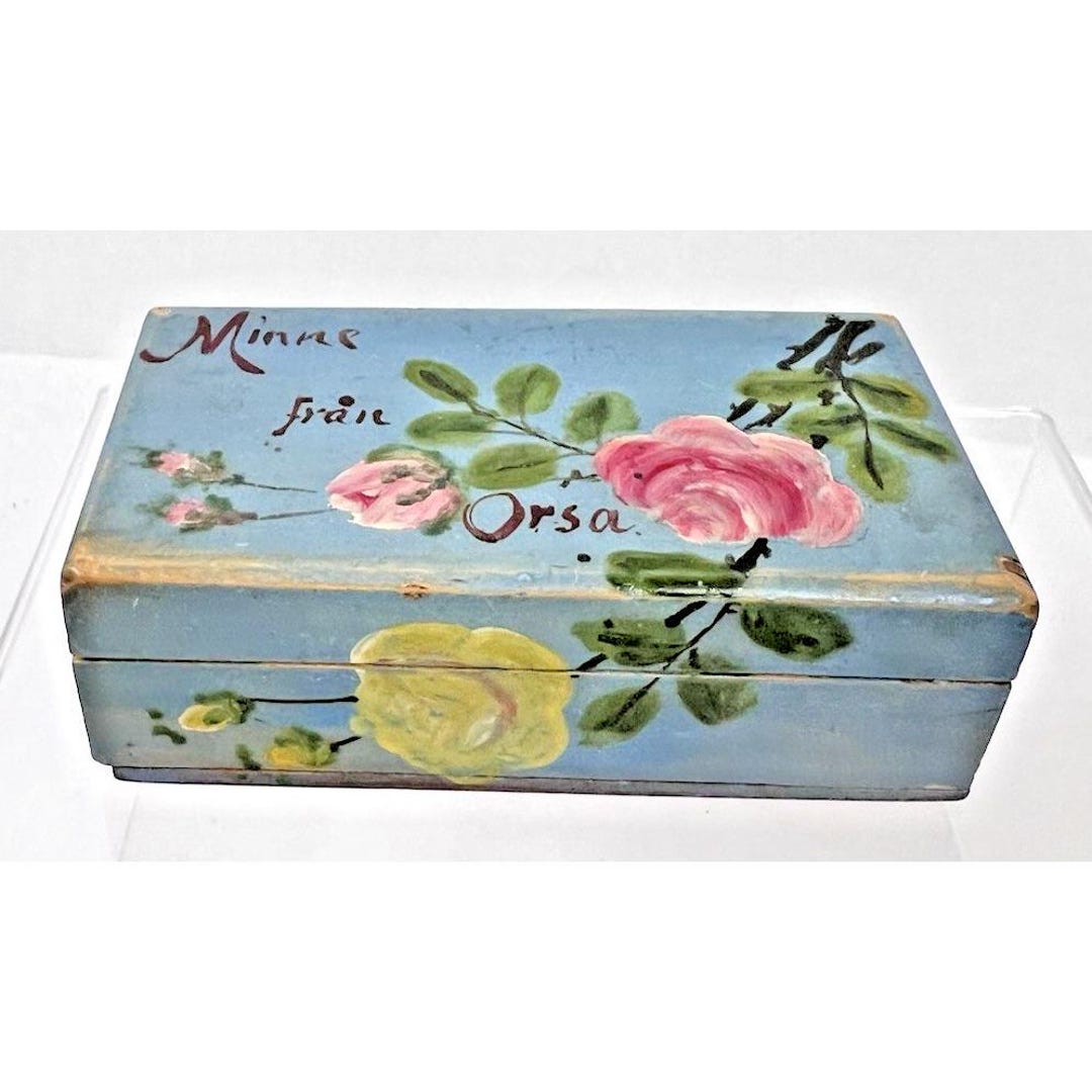 Antique Hand Painted Wood Box W Pink Yellow Roses Minns From Orsa ...