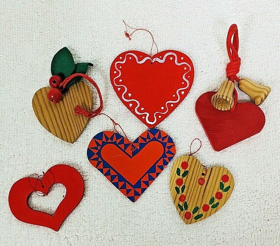 Lot 6 Handmade Wood Heart Ornaments Valentines Christmas All Different 