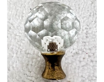 Vintage Crystal Hexagon Faceted Ball Brass Drawer Knob Pull 1 1/8" Wide