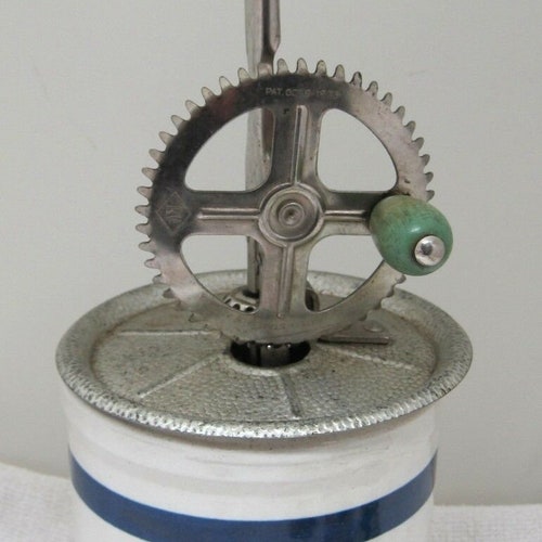 Antique Table shops Top Butter Churn Blue Baned Crock Made USA A&J Green Handle
