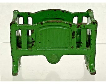 Vintage Miniature Dollhouse Kilgore Toy Green Cast Iron Baby Cradle Rocking Crib