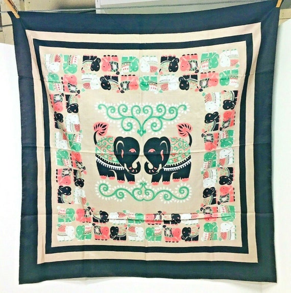 Vintage Stunning Thai Silk Scarf Green Pink Brown