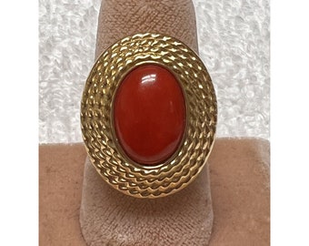 18Kt Gold & Carnelian Wide Rope Frame Ring Italy Sz 7 1/4