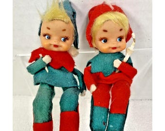 Pair Vintage Japan Tag Felt Hard Plastic Face Elf Pixie Children Ornaments