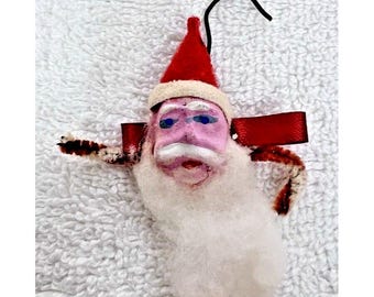 OLD Clay Face Santa Felt Paper Hat Snowy Beard Pipe Cleaner Candy Cane Christmas
