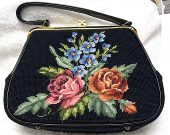 Antique Needlepoint Handbag Purse Black w Floral Design Roses Blue Flowers Excel