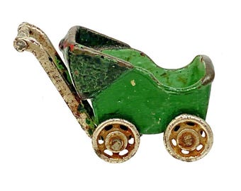 Vintage Kilgore Miniature Dollhouse Green Cast Iron Baby Stroller Carriage