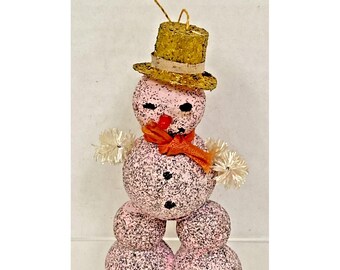 Vintage Christmas Putz Mica Glitter Cardboard Pink Snowman Gold Hat Japan