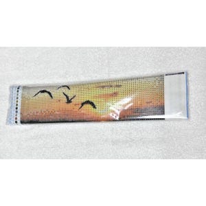 May include: A close-up of a diamond painting kit featuring a sunset scene with birds flying in the sky. The kit is packaged in a clear plastic bag with a colour chart and instructions.