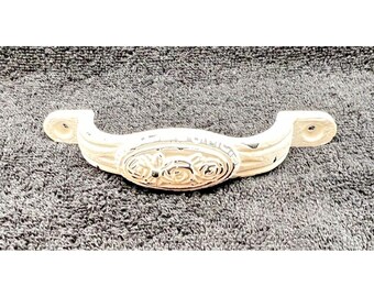 NOS White Metal Drawer Pull w/ Flower Center No Screws