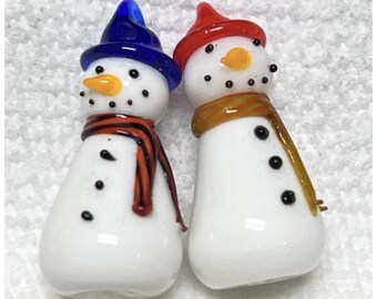 2 Hand Blown Snowman Christmas Ornaments Red Blue Hat 1 1/2 Inch Tall