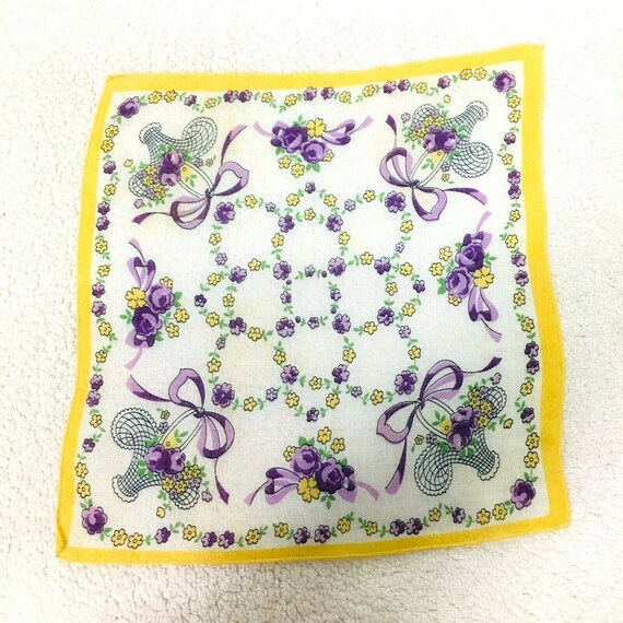 Vintage Childrens Hankie Yellow w Baskets & Purple