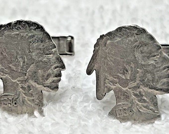 Vintage 1936 Indian Head Cut Nickle Cufflinks Silver Amazing Detail 3/4"