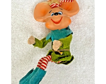 Vintage Japan Tag Felt Hard Plastic Face Elf Pixie Smiling Mouse Ornament