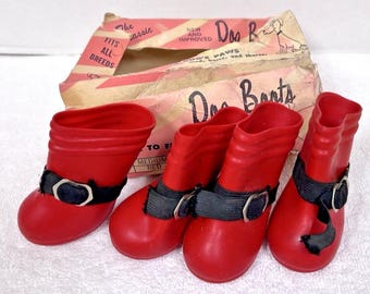 Botas de lluvia vintage rojas para perro con correas negras, en su caja original casi completa, talla 2 1/4