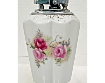 Vintage Wales Sticker Hand Painted Pink Roses Porcelain Table Lighter 3 3/4"