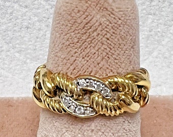 David Yurman Polished 18 Karat Yellow Gold Twisted Chain Link Ring with Diamonds