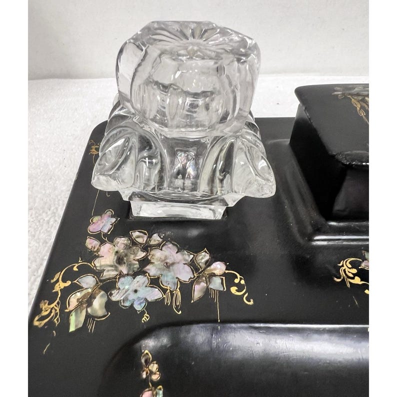 Victorian Lacquerware W Abalone Shell Double Inkwell Stand Floral ...