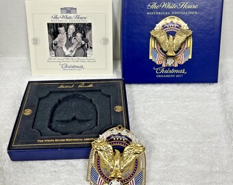 Christmas White House 2017 Painted Brass Figural Eagle Flag Banner Ornament Box