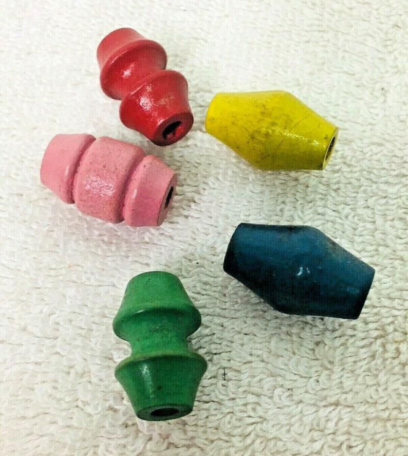 Lot of 5 Antique Toy Wood Beads Replacement Repair Colorful Shaped T7