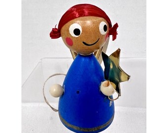 Vintage Steinbach Wooden Blue Red Hair Angel Christmas Ornament Sticker 2 1/2"