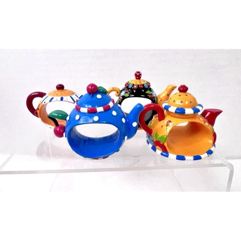 Set 4 Mary Engelbreit Teapot Napkin Rings Colorful & Sweet