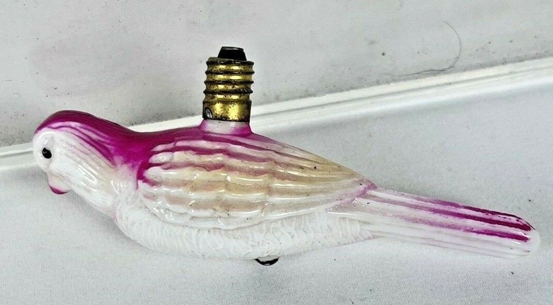 Vintage Figural Christmas Light Bulb is a Pink Bird Painted Milk Glass