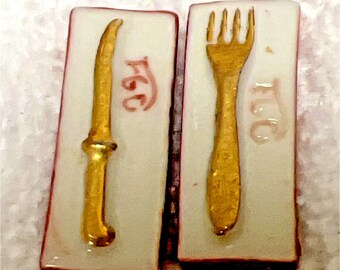 Miniature Dollhouse FGC Marked Porcelain Gold Fork Knife Decoration 1 1/4" Long