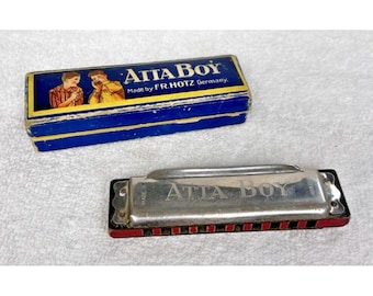 Vintage Atta Boy FR Hotz Germany Harmonica in Box 1894 Anniversary Paris 1900