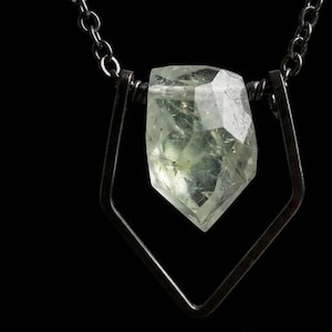 Green Prehnite Crystal Hexagon Pendant Necklace, Minimalist Wire Frame Jewelry