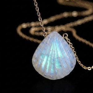 Rainbow Moonstone Shell Pendant Necklace, Carved Blue Flash Gemstone, Gold Minimalist Jewelry