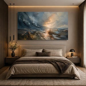 May include: A large rectangular oil painting featuring a dramatic seascape with turbulent dark blue and grey waves crashing against a rocky shore under a glowing sunset sky with thick, textured brushstrokes and visible impasto paint layers.