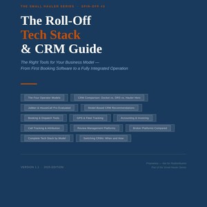 Peut inclure: Un guide bleu foncé intitulé "The Roll-Off Tech Stack & CRM Guide" avec du texte orange et blanc. Le guide répertorie des sujets tels que "Booking & Dispatch Tools" et "GPS & Fleet Tracking". Le guide fait partie de "The Small Hauler Series".