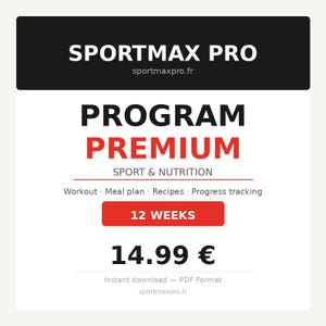 Peut inclure: Publicité numérique pour "SPORTMAX PRO" avec le texte "PROGRAM PREMIUM" en rouge. La publicité promeut le sport et la nutrition, incluant des plans d'entraînement, des recettes et le suivi des progrès. Elle met en avant un programme de 12 semaines.