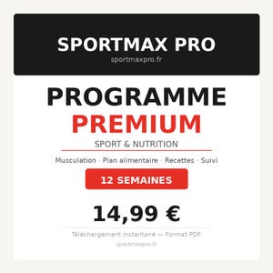 Peut inclure: Publicité numérique pour Sportmax Pro, avec le texte "PROGRAMME PREMIUM" en rouge. L'annonce met en avant un programme de 12 semaines axé sur le sport et la nutrition, au prix de 14,99 euros. Le site web est sportmaxpro.fr.