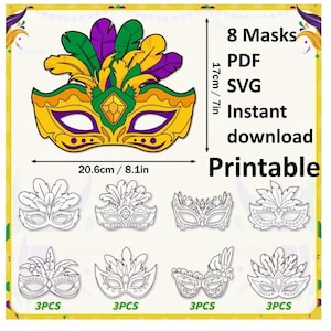 May include: A printable Mardi Gras mask design, featuring a gold, purple, and green mask with feathers. The main mask is 20.6 cm wide and 17 cm tall. Includes 8 mask designs in PDF and SVG formats for instant download.