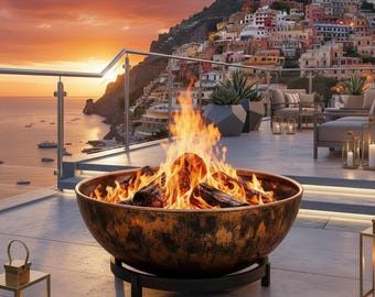 Braciere in rame fatto a mano su supporto in ferro / Patina mista verderame e rame caldo / Realizzato artigianalmente in Marocco / Lussuoso per esterni, giardino e patio