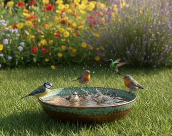 Vaschetta per uccelli in rame martellato fatta a mano / Patina verde verderame / Realizzata artigianalmente in Marocco / Ciotola per abbeveratoio per animali selvatici da giardino