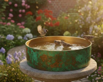 Handgefertigte Kupfer Vogeltränke auf Steinsockel | Volle grüne Grünspan-Patina | Goldener Messingrand | Marokkanisches Kunsthandwerk | Garten Wildtiere Flock Dekor