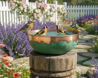 Copper Bird Bath Bowl | Verdigris Patina Garden Bird Bath | Handcrafted Moroccan Copper Outdoor Basin | Backyard Bird Feeder