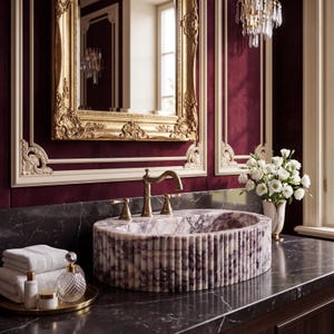May include: An oval marble sink with a fluted exterior and purple veining, featuring a brass faucet with two handles. The sink sits on a black marble countertop next to a stack of white towels, a glass perfume bottle, and a vase of white flowers.