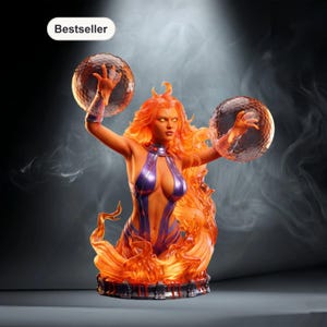 May include: A statue of a female figure with orange hair and skin, wearing a purple and silver outfit. She is holding two translucent orbs. The base of the statue is surrounded by orange flames. The word "Bestseller" is in a white oval in the upper left corner.
