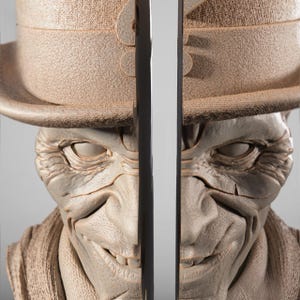 May include: A detailed sculpture of a smiling, pale-skinned figure wearing a hat and a textured jacket. The figure has a wide grin, visible teeth, and detailed facial features. The sculpture is in a neutral color palette.