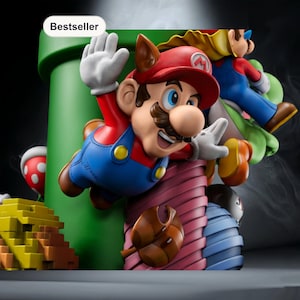May include: A colorful figurine of Mario emerging from a green pipe, with a second Mario figure riding a green dinosaur. The figurine features Mario in his signature red hat and blue overalls, with a smiling expression. The word "Bestseller" is in the top left corner.