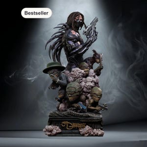 May include: A detailed statue featuring a cyborg figure holding a gun, surrounded by grotesque creatures. The statue is predominantly black and gray, with intricate detailing. The base of the statue has the word "Dwarves" inscribed on it. A "Bestseller" sticker is in the top left corner.
