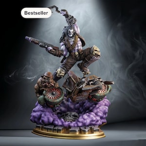 May include: A detailed statue of a comic book character, posed dynamically on a motorcycle, with a dog and skull accents. The figure is in shades of purple, brown, and gray, holding a gun and chain. The base is gold-colored, with a purple cloud effect.